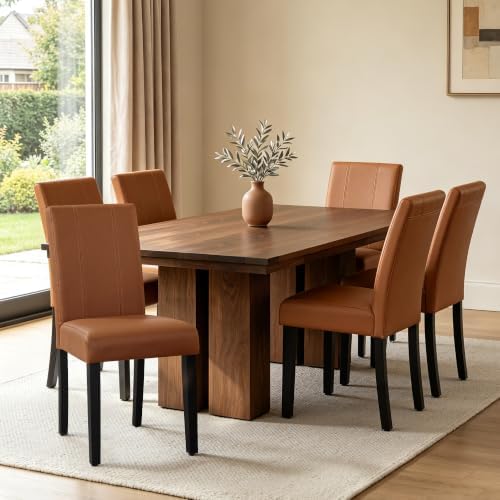 CHUN YI Dining Chairs Set of 6, Faux Leather Dining Room Chairs, Upholstered Modern Kitchen Parsons Chairs for Dining Room with Sturdy Wood Legs, Light Brown (Only Chairs)