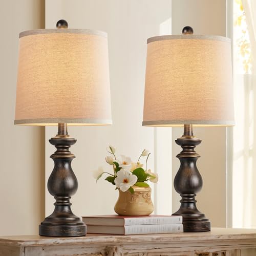 PARTPHONER Traditional Table Lamp Set of 2, Rustic Farmhouse Table Lamps for Living Room Bedroom, 22" Bedside Desk Lamps Vintage Nightstand Lamps with Linen Shades, Oil Rubbed Bronze