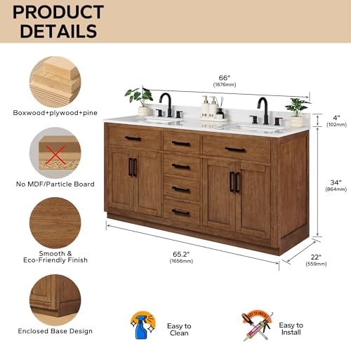 66-inch Dark Walnut Bathroom Vanity with 2 Sinks, Solid Wood, 0.79-inch Stone Countertop and Backsplash, 6 Drawers, 4 Soft Closing Doors