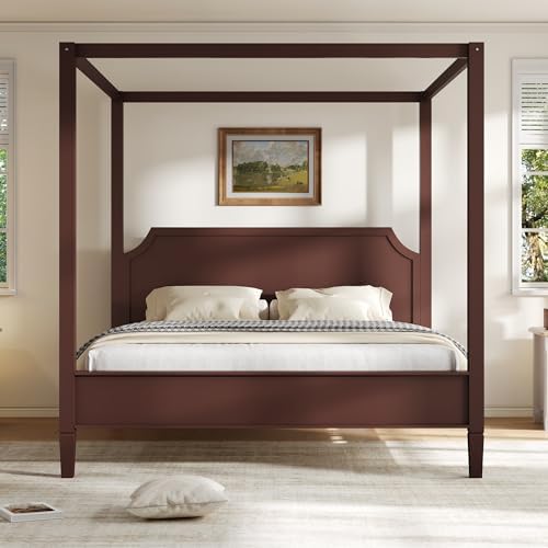 Queen Size Wood Canopy Bed Frame, Walnut Vintage Four-Posters Platform Bed Frames with Headboard, 10-Slat Support Wooden Post Beds, 8" Under Bed Storage, Easy Assembly (Walnut, Queen, 77"H)