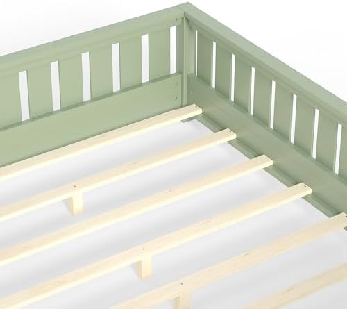 Bellemave Full Floor Bed with Slats and Rails, Full Size Montessori Floor Bed with Bookcase and Fence, Easy Assemble Montessori Beds for Girls, Boys, Avocado Green