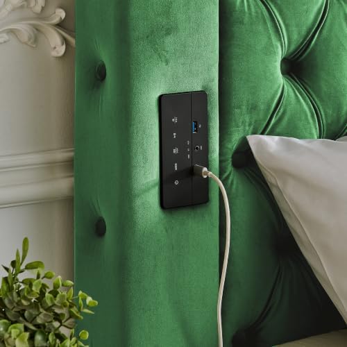 LUMISOL Canopy Bed Frame Queen Size, Velvet Upholstered Platform Bed with Button Tufted Headboard, Four Posters, Built-in Speaker and Charging Station, Heavy Duty Mattress Foundation, Green