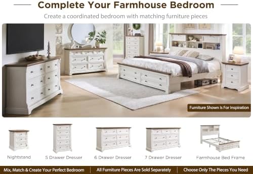 Farmhouse King Size Bed Frame with 2 Drawers & 4 Bookcases On The Headboard