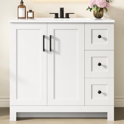 LIKIMIO 36" Bathroom Vanity with Sink, 2 Soft-Close Drawers & Doors, White | Freestanding Bathroom Vanity, Integrated Rectangular Ceramic Sink, Modern Bathroom Storage Cabinet, Assembly Required