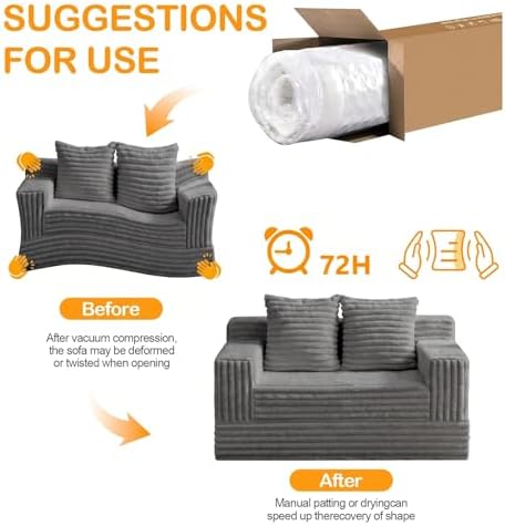 Erament Boneless Loveseat Convertible Sofa Bed, Folding Floor Futon Sleeper Sofa Couch Bed- Boneless Foldable Couch, Corduroy Pull Out Sofa Bed with 2 Pillows for Living Room & Bedroom
