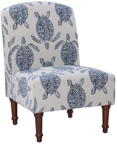 Linon Hawksbill Upholstered Turtle Print Armless Accent Chair in Blue & Cream