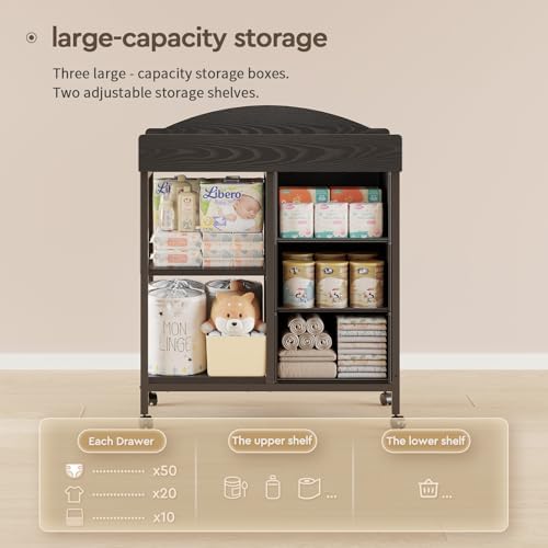 Yetom Changing Table, 3 Drawers&2 Shelves, Changing Table Dresser, Black