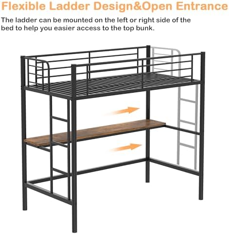 VECELO Loft Bed Twin Size with Desk, Metal Bedframe with Removable Ladder and Safety Guardrail, No Box Spring Needed, Space Saving, Noise Free, Matte Black
