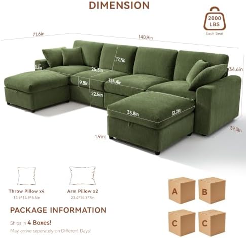 Ihanherry 141" Oversized Cloud Sectional Couches for Living Room, Modular Sectional Sofa with Wide Deep Seat, U Shaped Couch with Throw Pillow and Storage Ottoman, Green