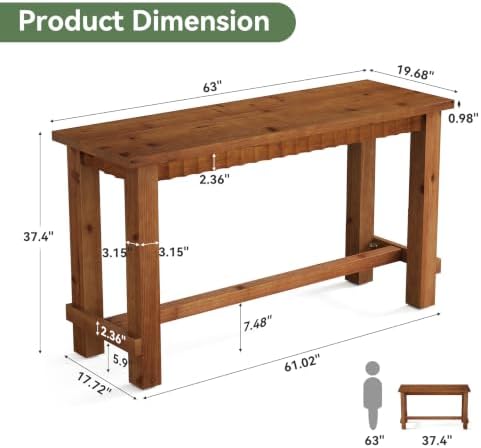 63" Solid Wood Counter Height Bar Table, Rectangular Tall High Top Pub Table with Footrest, Bar Height Dining Table for Kitchen, Dining Room, Walnut Brown