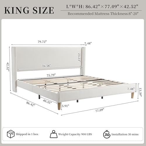 King Corduroy Upholstered Platform Bed with Headboard Wingback, Cream