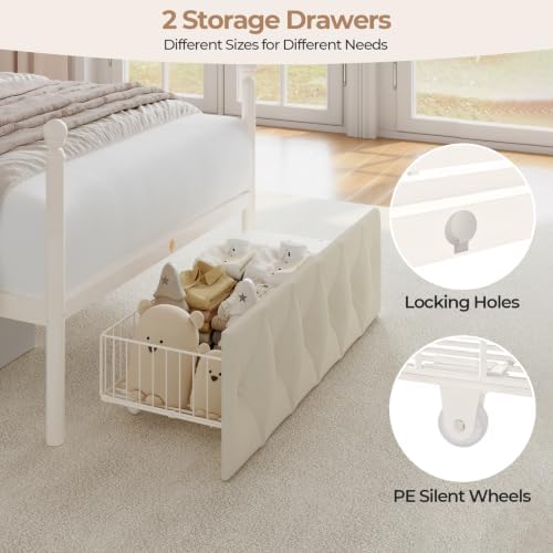 Twin Size Upholstered LED Canopy Bed Frame with 2 Drawers and & Charging Station, Button Tufted Storage Headboard, Metal Platform Bed with 4 Removable Posts, No Box Spring Needed, White