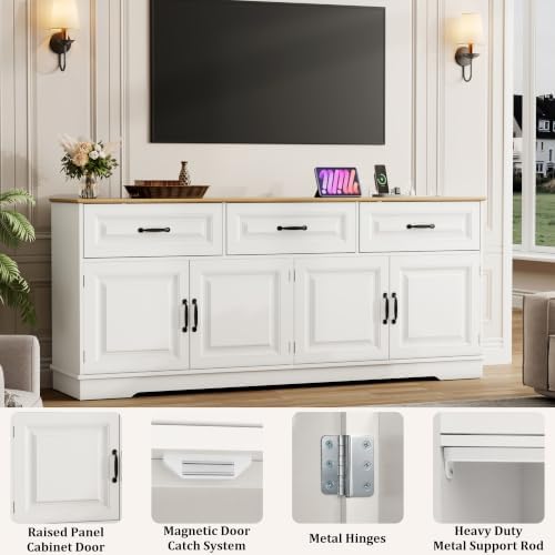 70” Large Sideboard Buffet Cabinet w/4 Doors,3 Drawers,Farmhouse Modern Kitchen Sideboard Cabinet w/8 Door Shelves,Wooden Coffee Bar Cabinets, Long Kitchen Buffet Table,Credenza for Dining Room,White