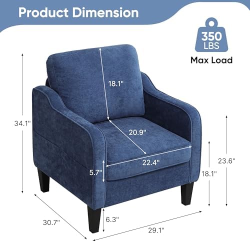Accent Chairs Set of 2, Upholstered Living Room Chairs with Side Pockets, Mid Century Modern Reading Chair for Bedroom, Comfy Armchair Single Sofa Side Chair for Office, Small Room, Blue
