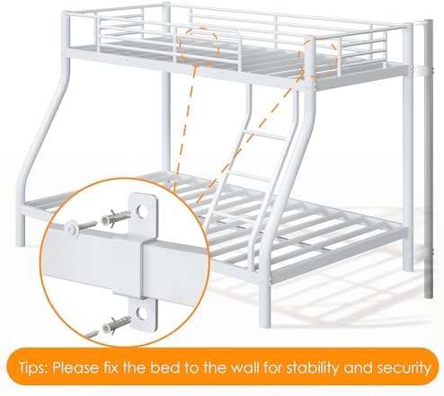 Bunk Beds Twin Over Full Size, Heavy Duty Bunk Beds with Bottom Space & Guardrail Metal Bunk Bed Frame for Adults - Dorm Bedroom Guest Room, No Box Spring Needed（Upgrate White）
