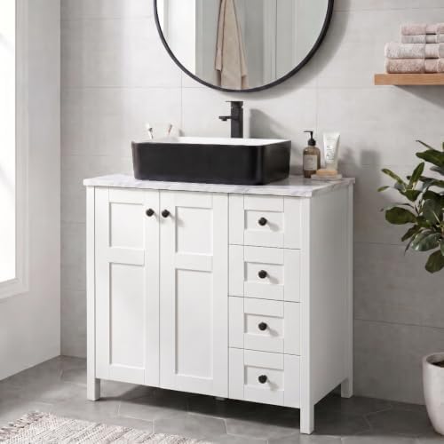 32" White Bathroom Vanity with Engineered Wood Marble Texture Top and 4 Drawers, Traditional Standing Pedestal Cabinet with Black and White Ceramic Sink