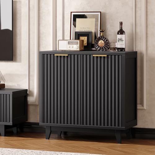 Vabches Modern Fluted Coffee Bar Cabinet with Removable Wine Rack, Black