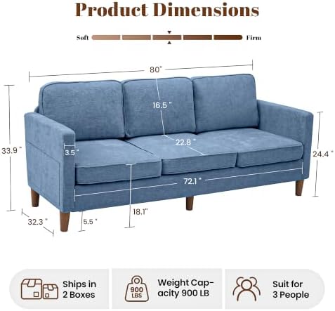 80" Chenille Sofa Mid Century Modern 3 Seater Couch for Living Room Office