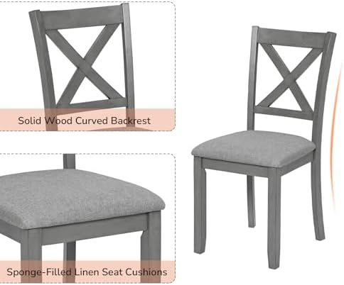Zevemomo 7-Piece Solid Wood Dining Table Set, Farmhouse Wooden Legs, Grey