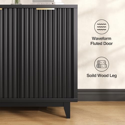 Vabches Modern Fluted Coffee Bar Cabinet with Removable Wine Rack, Black