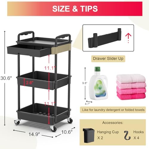 Goovilla 3 Tier Rolling Utility Cart Organizer with Removable Drawer, Black