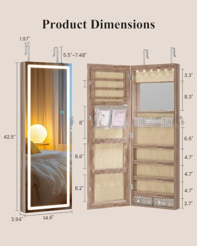 LVSOMT 42.5" Wall Mounted Jewelry Organzier with LED Mirror, Wood | Lockable Jewelry Cabinet for 30 Ring Slots, 96 Earring and 20 Necklace Hooks, Gift for Women, Girls