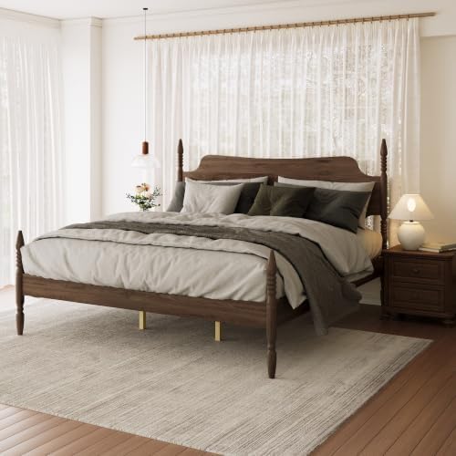 Vintage Wood King Bed Frame, Traditional Spindle Platform Bed with Tall Headboard, Walnut Antique Style 4-Poster Design, Under Bed Storage, No Box Spring Needed (Walnut, King)