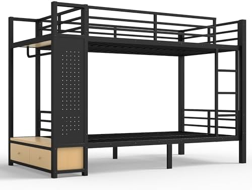 Bellemave Twin XL Over Twin XL Size Metal Bunk Bed with Storage Shelves and Drawers, Heavy Duty Bunk Beds with Clothes Hooks for Adults, Teens, Kids, Black