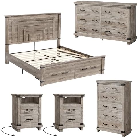 AMERLIFE 5 Pieces Farmhouse Bedroom Set, Includes Rustic Queen Bed Frame with 54" Tall Headboard, 6 Drawer Dresser, 5 Drawer Tall Chest, Nightstands Set of 2 with Charging Station, Rustic Grey