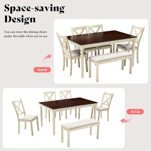 AMERLIFE 6 Piece Farmhouse Dining Table Set with 60" Solid Wood Table