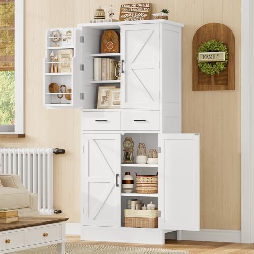 TEENFON Farmhouse Pantry Cabinet, 66.9″H Tall Kitchen Storage Cabinet with Barn Doors, Adjustable Shelves & Drawer, Freestanding Cupboard for Kitchen, Dining Room, Living Room, Bathroom, White