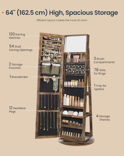 SONGMICS HOME Standing Jewelry Cabinet, Full Length Mirror with Storage | Swivel Jewelry Armoire, Lockable Rotating Organizer, Rear Storage Shelves, Bedroom Organization, Rustic Brown UJJC006X01SH
