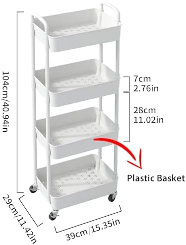 Sywhitta 4-Tier Plastic Rolling Utility Cart with Wheels for Storage,White