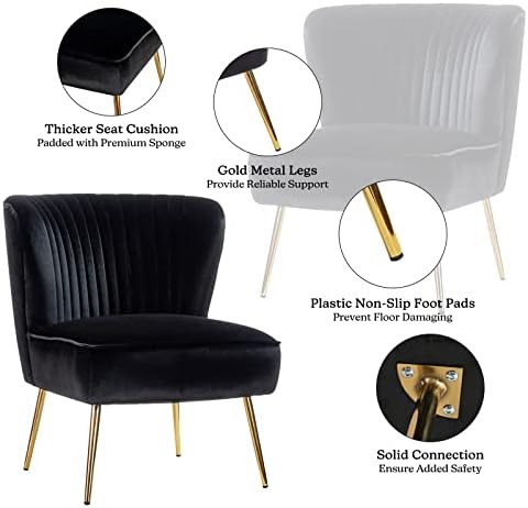 HULALA HOME Velvet Accent Chair, Modern Upholstered Cute Side Chair with Gold Metal Legs, Armless Wingback Slipper Chair Comfy Living Room Chair for Bedroom Guest Room Vanity,Black