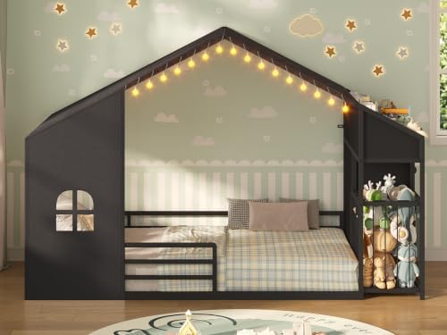 UPOSOJA Montessori Twin Size Floor Bed, House Shape Bed, Tent, Children's Night Light, Toy Storage Cabinets, Drawer, Picture Book Section for Kids Teens Girls Boys