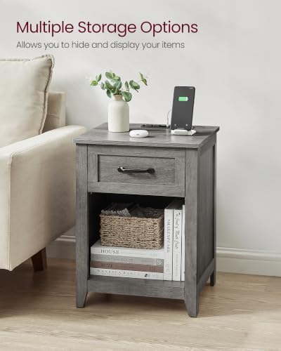 VASAGLE Farmhouse Nightstand with Charging Station, 1 Drawer