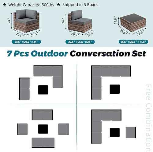 SUNLEI 7 Piece Patio Furniture Sets, Low Back All-Weather Rattan Sectional Sofa with Tea Table&Washable Couch Cushions, Patio Furniture Sets, Brown Rattan