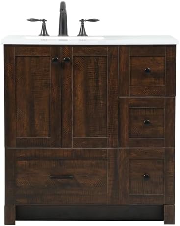 32" Pre-Assembled Bathroom Vanity with Sink, Engineered Wood, Ivory White Engineered Marble Countertop Attached, Single Rectangle Porcelain Sink, 4 Soft-Close Drawers, Expresso