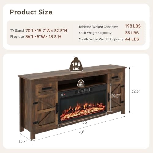 Fireplace TV Stand with Barn Door, 70 inch, Walnut