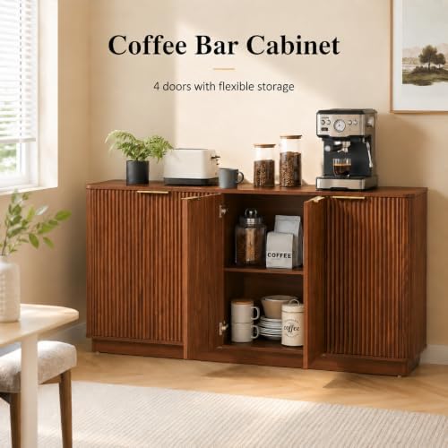 USHOWER 63" Fluted Buffet Cabinet with Storage, Wooden Sideboard, Walnut