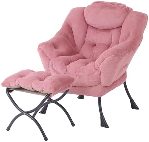 Tiita Lazy Chair with Ottoman, Comfy Reading Accent Chair, Plush Dark Pink