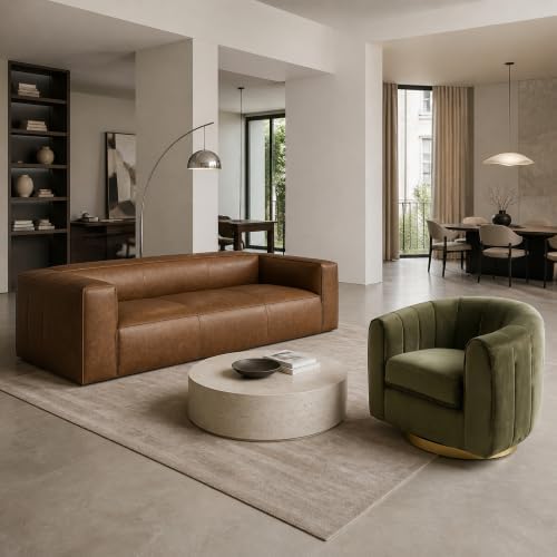 2-Piece Living Room Set, Genuine Leather Sofa + Swivel Chair