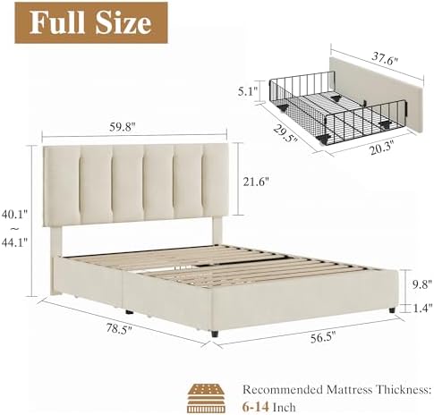 VECELO Full Size Bed Frame with 4 Storage Drawers, Adjustable Height Headboard, Heavy-Duty Platform Bedframe with Strong Wooden Slats, No Box Spring Needed, Pale Beige