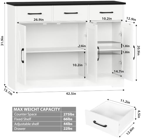 HOSTACK Kitchen Buffet Cabinet with Storage, Sideboard Coffee Bar, White