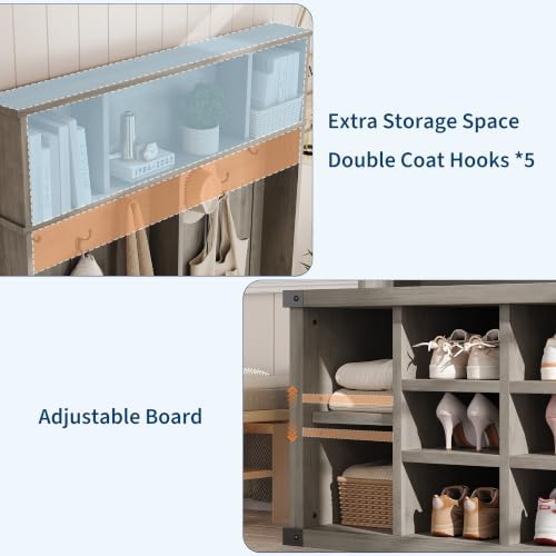 Garvee Farmhouse Entryway Hall Tree with Bench, Shoe Storage & Coat Rack