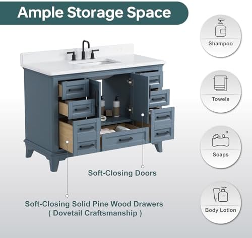 48" Bathroom Vanity with Sink, Fully Assembled, Steel Blue | Solid Wood Bathroom Vanities Set with Quartz Countertop, 2 Soft Close Doors & 7 Full Extension Dovetail Drawers