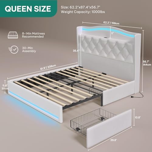 DWVO Queen Size Bed Frame with 4 Storage Drawers and RGB LED Lights, White