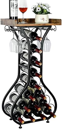 X-cosrack Wine Rack Freestanding Floor, Mini Bar Table Wine Holder Stand Liquor Cabinet with Glass Holder Wood Tabletop 14 Bottles Floor Wine Storage for Home Bar Kitchen Living Room