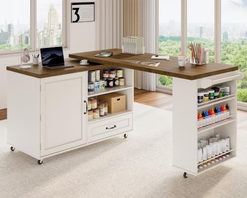 RALGEND Rolling Kitchen Island with 360° Swivel Tabletop, Large Kitchen Island Table with Power Outlet, Mobile Kitchen Island Cart with Storage Cabinets for Kitchen & Office, White and Walnut
