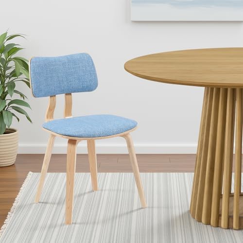 Armen Living Jaguar Mid-Century Dining Chair with Light Blue Fabric Upholstered Seat and Patterned Oak Wood Finish